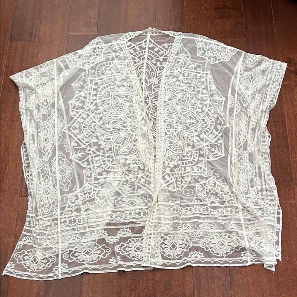 Cream Intricate Lace Kimono, Open Cardigan, Bathing Suit Cover-Up, Size OSFM